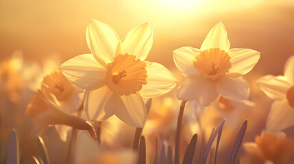 A close-up view of daffodils in full bloom, with their vibrant yellow petals catching the first rays of the morning sun.