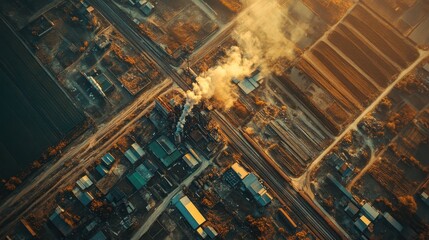 Obraz premium Aerial view of industrial area with pollution and railway tracks at sunset