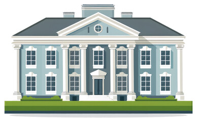 A grand illustration depicting a classical style symmetrical house facade