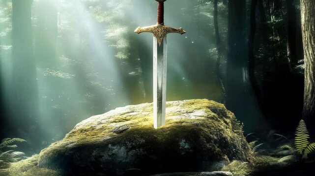 Excalibur in the mystical forest: A legendary sword in a stone, bathed in sunlight, evokes magic and adventure.
