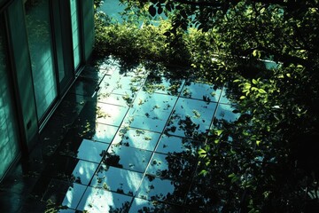 Obraz premium Reflective patio tiles mirror lush green foliage and building facade, creating a serene outdoor space.