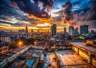 Fototapeta premium Bangkok Cityscape Urban Exploration: Rooftop Viewpoint at Dusk