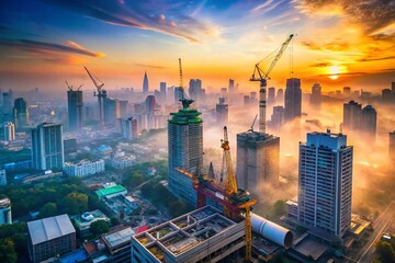 Naklejka premium Bangkok Construction Cranes Misty Morning Aerial Photography