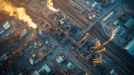 Obraz premium Aerial view of industrial factory complex with smoke emissions at sunset