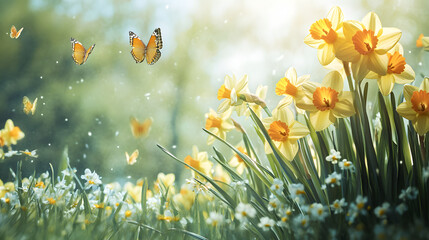 A cluster of daffodils growing among tall grass in a wildflower field, with butterflies fluttering around.