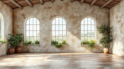 Sunlit rustic room with arched windows, terracotta floor, and potted plants.