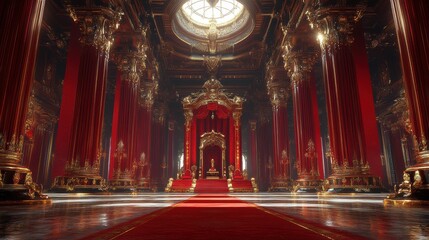 Obraz premium Luxurious red and gold palace interior with grand throne and ornate columns