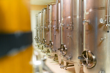 Stainless steel tank barrels in a brewery or wine cellar. Alcohol brewery liquor drink manufacturing or wine winemaking quality control process concept.