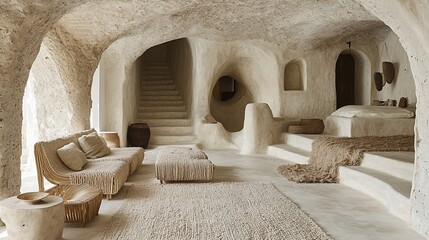 Cave house interior, beige living room with stone walls, stairs, and comfortable seating.