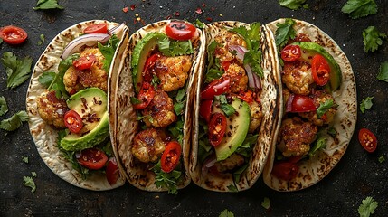 Overhead shot of four delicious cauliflower tacos with avocado, tomatoes, and red onion.
