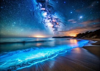 Bioluminescent Beach Night: Magical Ocean Glow, Starry Sky