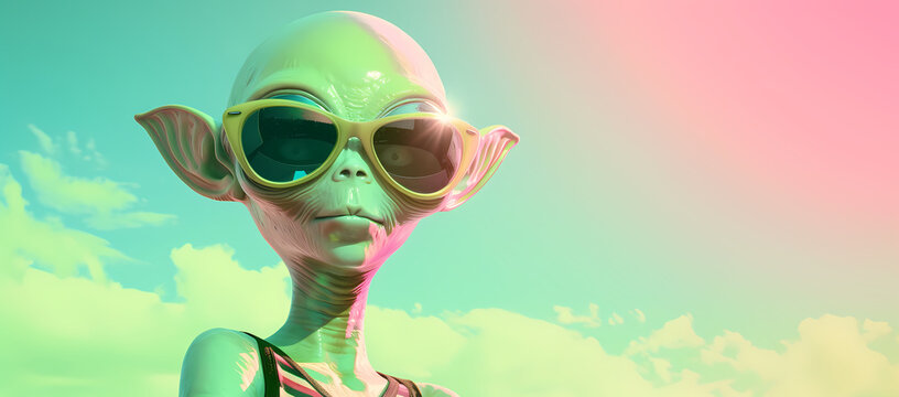 Green alien in sunglasses against the sky