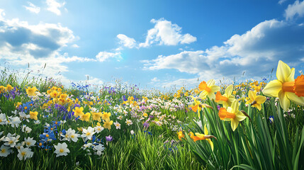 A colorful spring meadow filled with blooming daffodils, wildflowers, and tall grasses under the warm sun.
