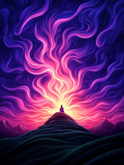 God speaks to Noah. Bible genesis concept. Mystical figure meditating on hill with swirling energy