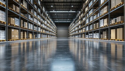 Fototapeta premium Vast Industrial Warehouse Interior with Rows of Storage Shelves
