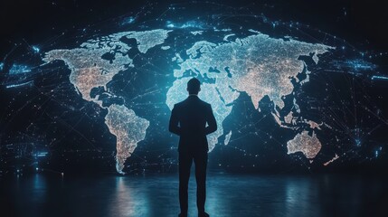 Silhouette of a man analyzing global connectivity on a digital world map