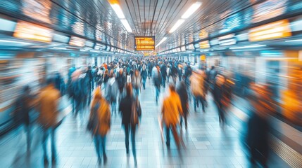 Obraz premium Blurred motion of diverse people commuting in busy subway station