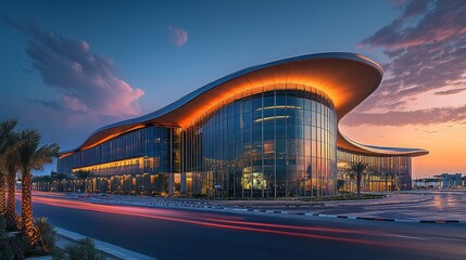 Modern architectural building with curved glass facade at sunset