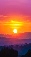 Golden Sunset Horizon with Silhouetted Trees and Mountains: Nature's Tranquil Farewell