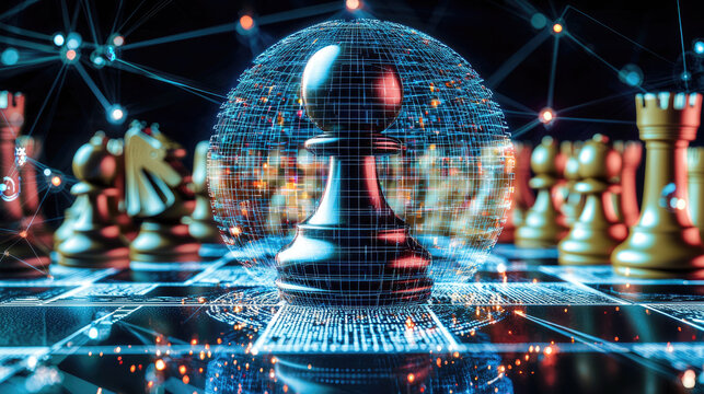 A futuristic chess scene featuring a black pawn at the center, illuminated by digital elements, with chess pieces in the background