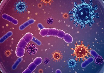 Obraz premium Microscopic Organisms Illustration Showing Bacteria and Virus Cells Under Microscope