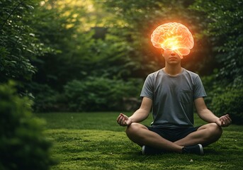 Mindful Meditation: Serene Man in Nature with Illuminated Brain