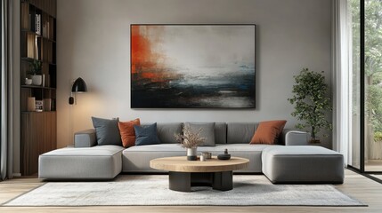 Modern minimalist living room with abstract art and cozy gray sofa