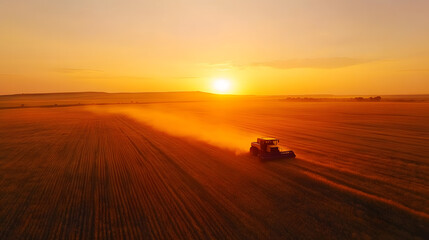 Fototapeta premium A combine harvester moving through vast wheat fields at sunset.