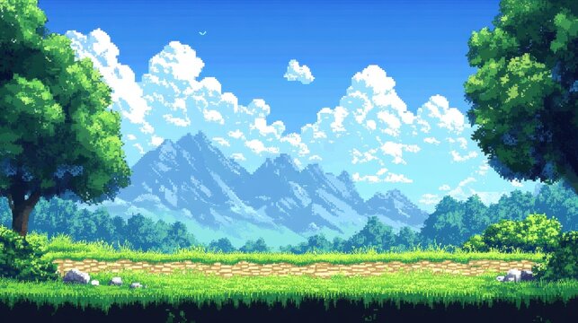 Scenic pixel art landscape with mountains, trees, and clouds in bright daytime sky
