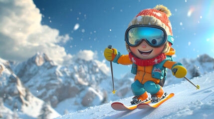 cartoon character cute Ski Holidays in the Mountains