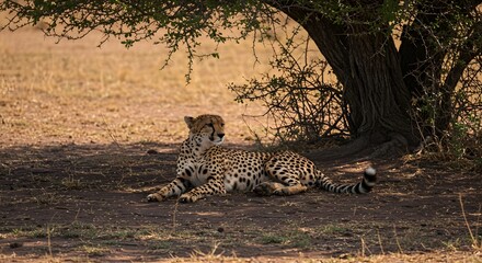 Cheetah Relaxing Under Tree in African Savanna Wildlife Scene