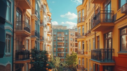 Fototapeta premium Colorful european apartment buildings with balconies and blue sky