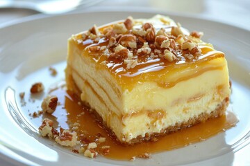 Dulce de Leche Cheesecake (South America) A decadent slice of dulce de leche cheesecake with swirls of caramel on the surface.