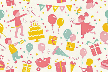 Joyful birthday celebration pattern with kids, cake, balloons, gifts, and confetti.