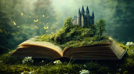Enchanted castle on open book with flying butterflies in mystical forest