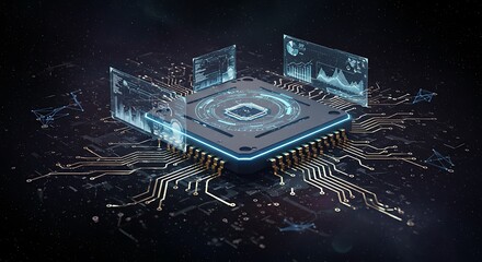Modern Microchip Technology with Circuitry and Data Visualizations Displays