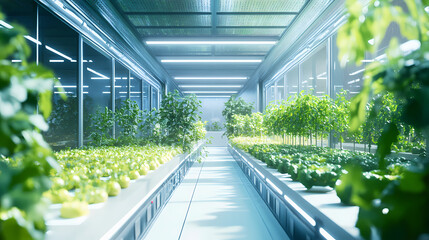 A futuristic microclimate farming system with rows of vegetables thriving under precise conditions. Evolution - City. Illustration