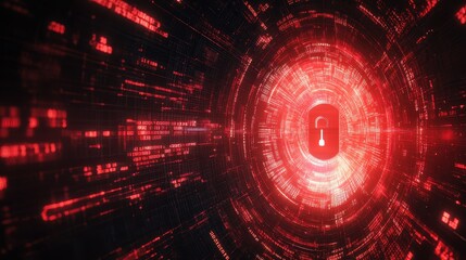 Obraz premium Futuristic digital security red tunnel with glowing lock symbol