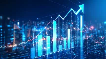 Naklejka premium A white 3d bar graph rising upward, an arrow pointing upward with glowing lines surrounding the graph, all on a dark blue background. Evolution - City. Illustration