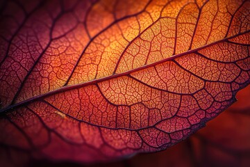 Obraz premium Intricate details of a dried leaf, showcasing its vibrant autumnal colors and delicate vein structure.