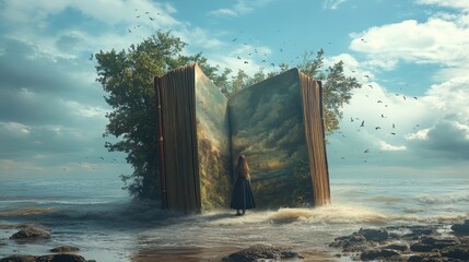 Surreal landscape with open book and female in fantasy scene