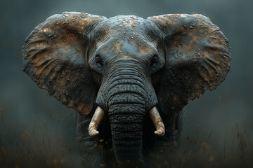 Fototapeta premium A remarkable elephant, embodying immense strength and a gentle demeanor, captures attention with its intricately textured skin and lifelike wrinkles, exuding tranquility and power in a misty habitat