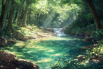 Naklejka premium Sunlit stream flows through a lush green forest, creating a serene and magical atmosphere.
