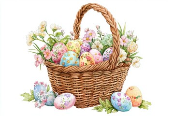 Fototapeta premium Easter Basket Overflowing with Sweets and Flowers A cozy, detailed illustration of a woven Easter basket filled with hand-painted eggs, chocolate bunnies, pastel-wrapped candies, and fresh spring flow