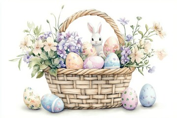 Easter Basket Overflowing with Sweets and Flowers A cozy, detailed illustration of a woven Easter basket filled with hand-painted eggs, chocolate bunnies, pastel-wrapped candies, and fresh spring flow