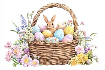 Easter Basket Overflowing with Sweets and Flowers A cozy, detailed illustration of a woven Easter basket filled with hand-painted eggs, chocolate bunnies, pastel-wrapped candies, and fresh spring flow