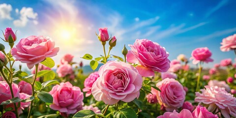 Obraz premium Blooming Pink Roses Field, Blue Sky, Summer Flowers, Nature Background