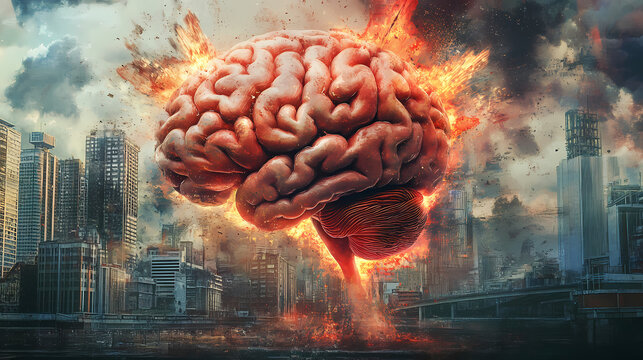 Concept art of a human brain exploding with knowledge and creativity. Evolution - City. Illustration