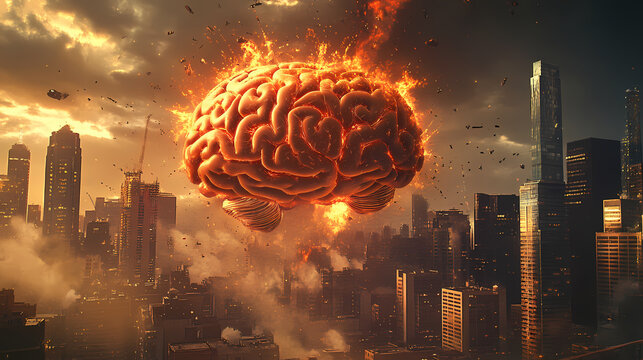 Concept art of a human brain exploding with knowledge and creativity. Evolution - City. Illustration