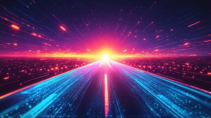 Obraz premium Futuristic digital landscape with neon lights and vibrant horizon